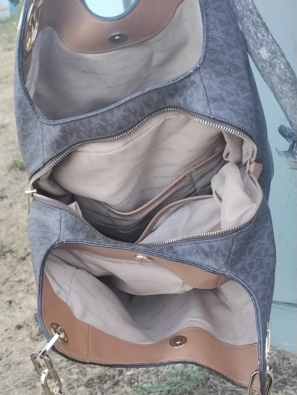 Michael Kors Brown Logo-Print Hobo with Gold Hardware